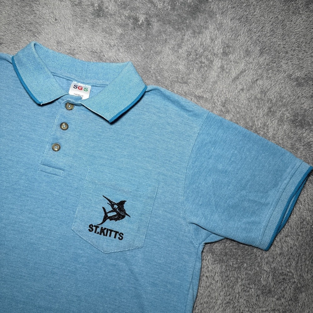 VTG Men's St. Kitts Embroidered Short Sleeve Blue Cotton Shirt SZ Large